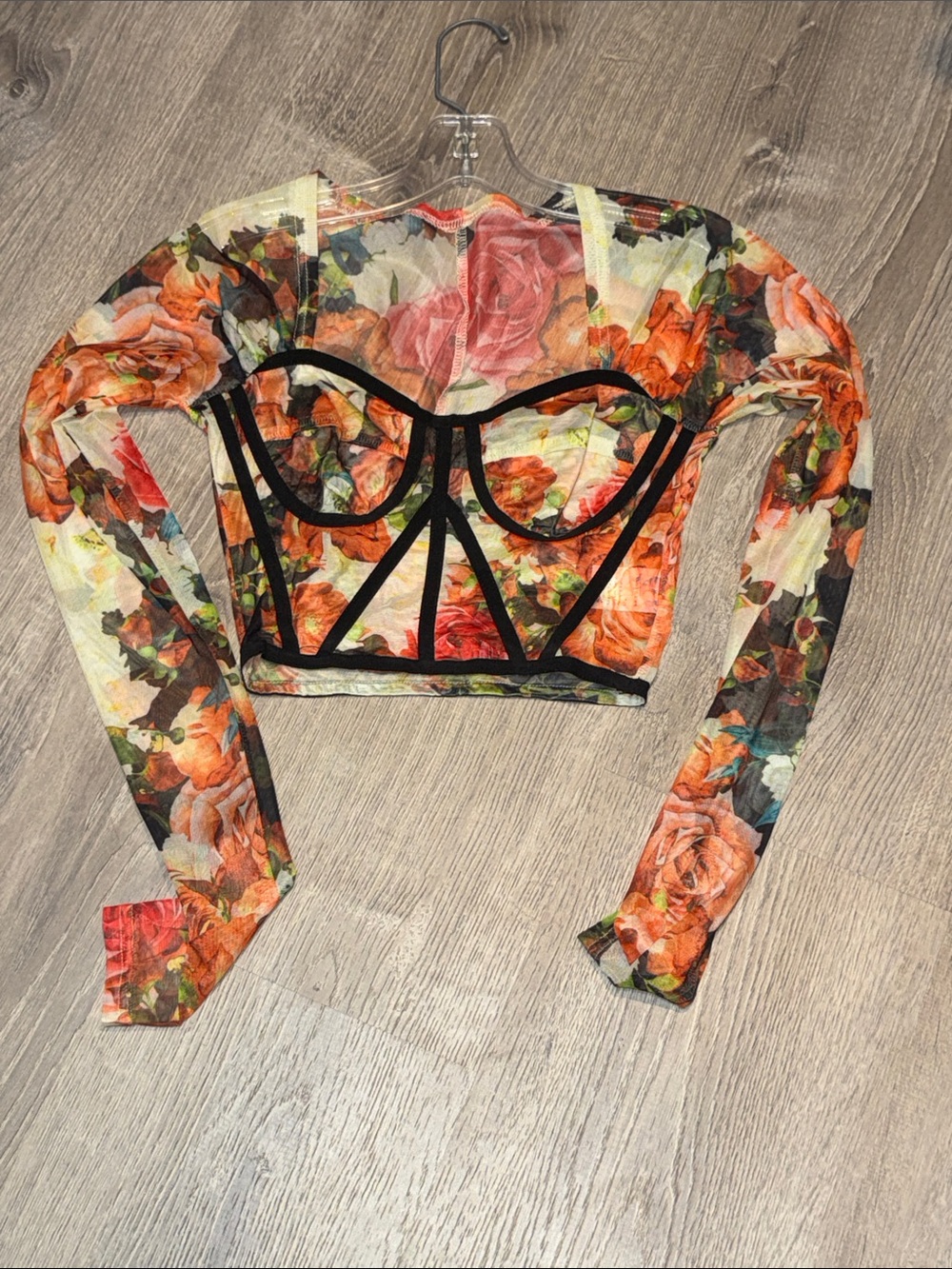 Floral Mesh Long-Sleeve Crop Top in Orange Rose Print